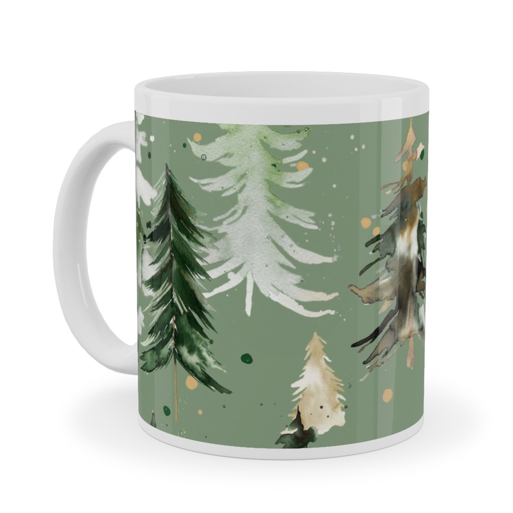 Watercolor Pines and Spruces Christmas - Green Ceramic Mug, White,  , 11oz, Green