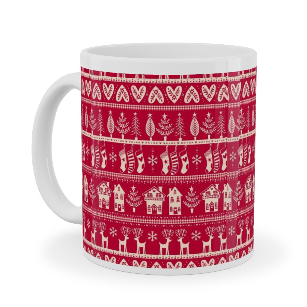 Nordic Vintage Christmas Ceramic Mug, White,  , 11oz, Red
