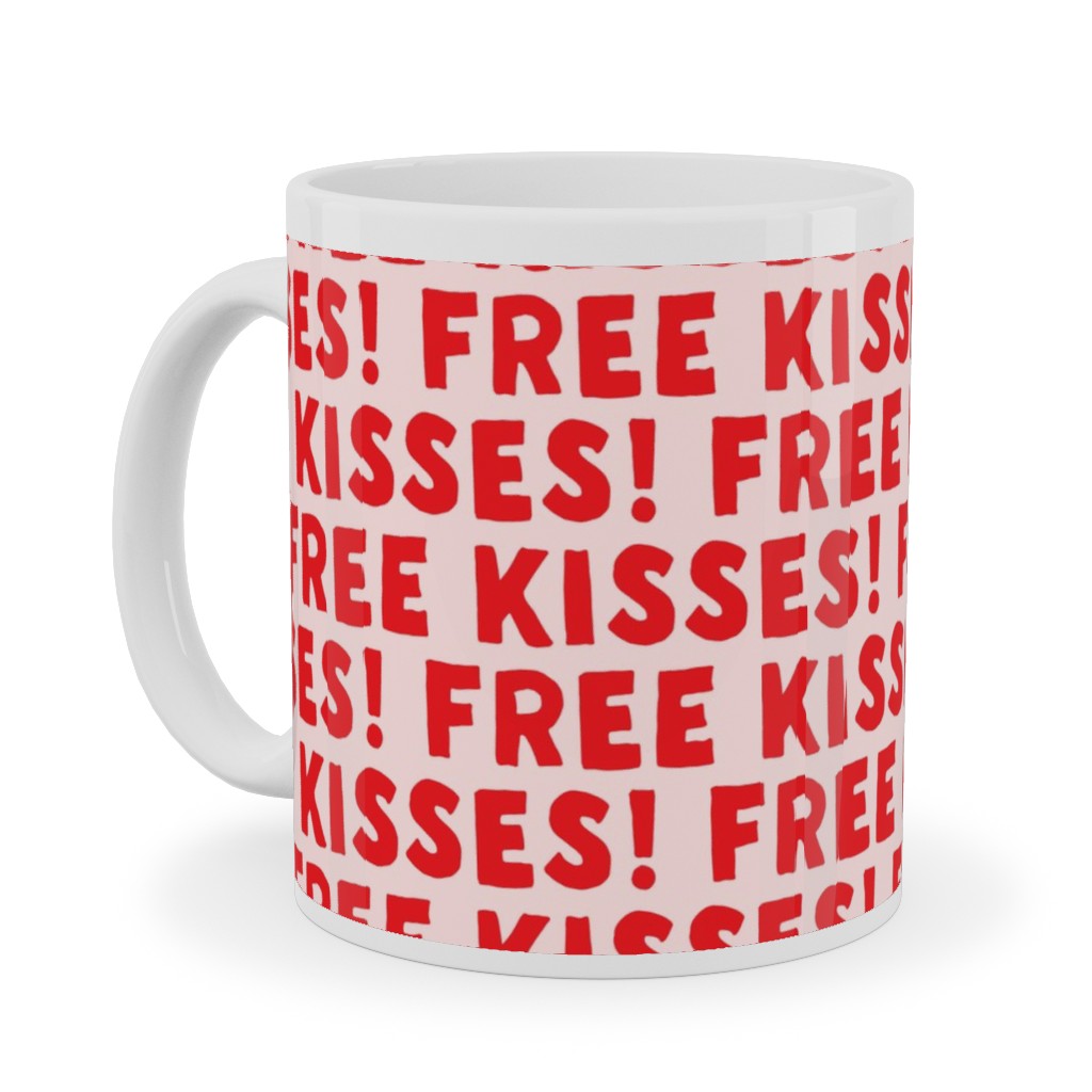 Free Kisses! - Red on Pink Ceramic Mug, White, , 11oz, Red, Red