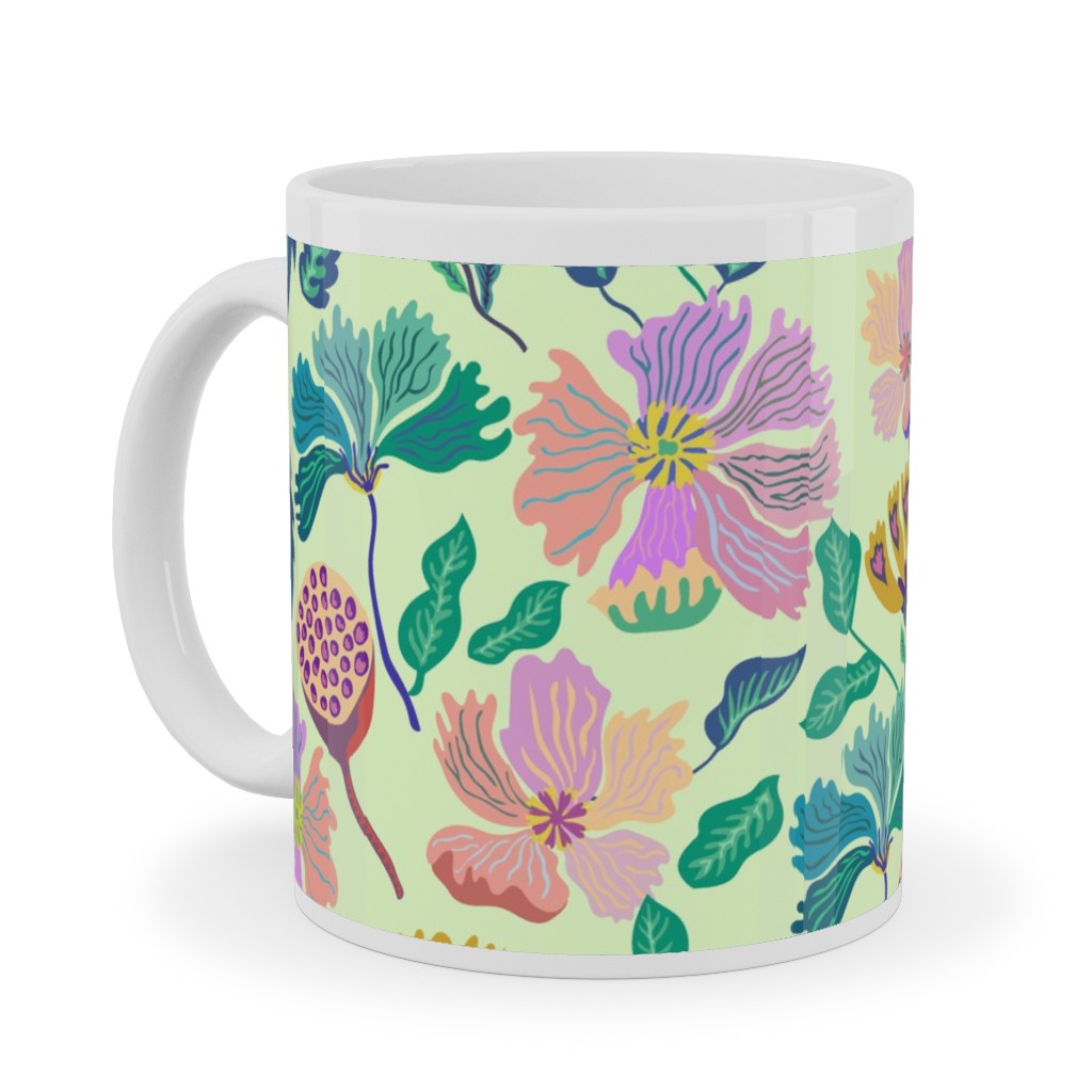 Indian Florals - Light Green Ceramic Mug, White,  , 11oz, Multicolor