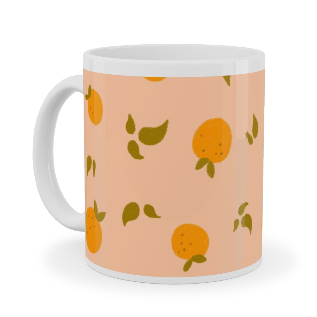 Oranges & Leaves on Peach Ceramic Mug, White, , 11oz, Orange, Orange