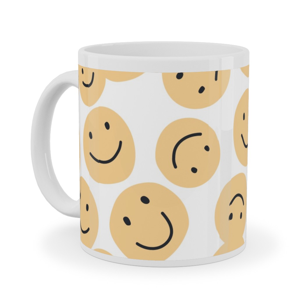 Happy Smiley Faces - Yellow Ceramic Mug, White, , 11oz, Yellow, Classic Yellow