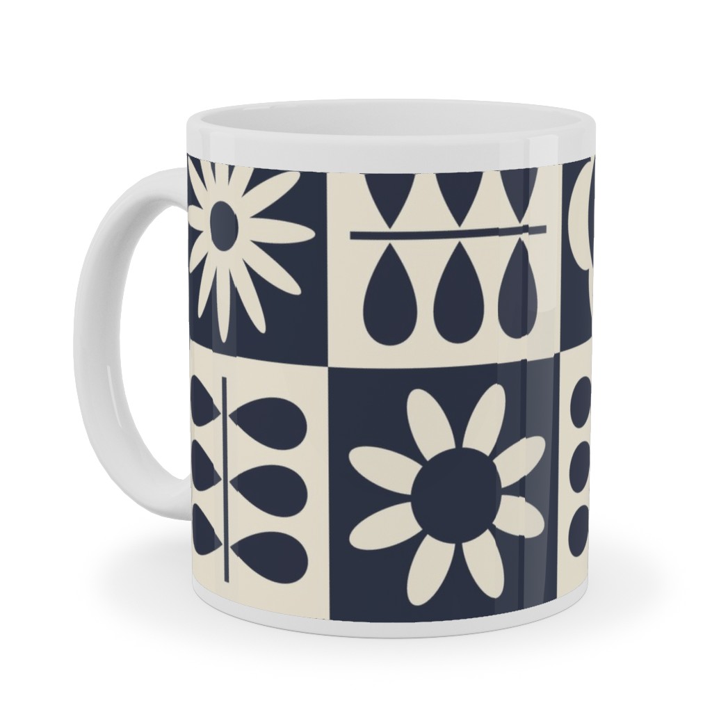 Scandinavian Checker Blooms - Off White and Navy Ceramic Mug, White,  , 11oz, Black