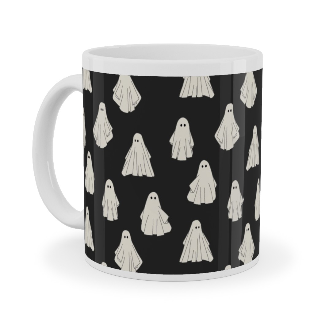 Spooky Halloween Vintage Ghosts - White on Black Ceramic Mug, White, , 11oz, Black, Black