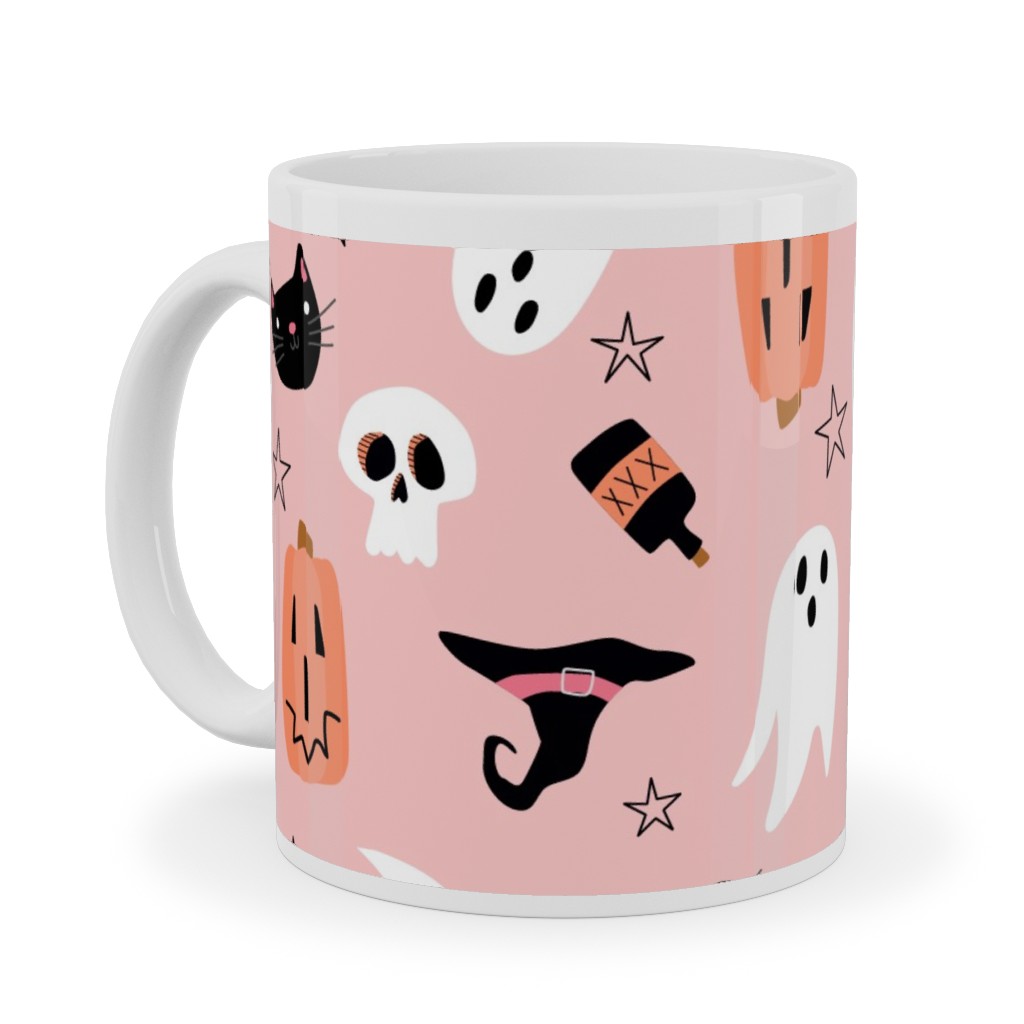 Sweet Halloween Pumpkin, Witch, Ghost, Cat Ceramic Mug, White, , 11oz, Pink, Bright Pink