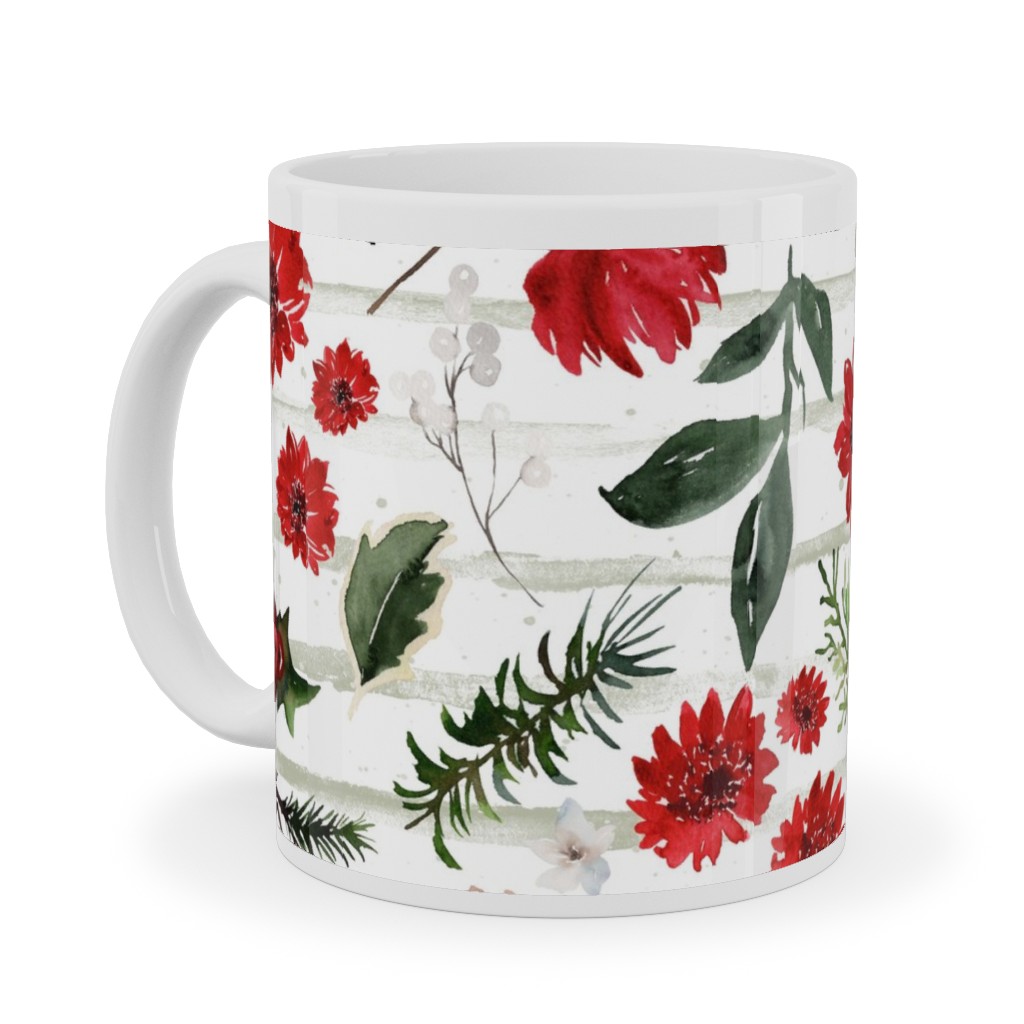 Jolly Christmas Florals - Mint Sage Stripes Ceramic Mug, White,  , 11oz, Multicolor
