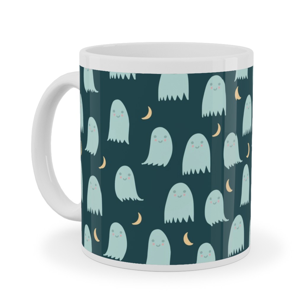 Cute Halloween Ghosts Ceramic Mug, White, , 11oz, Green, Seaweed