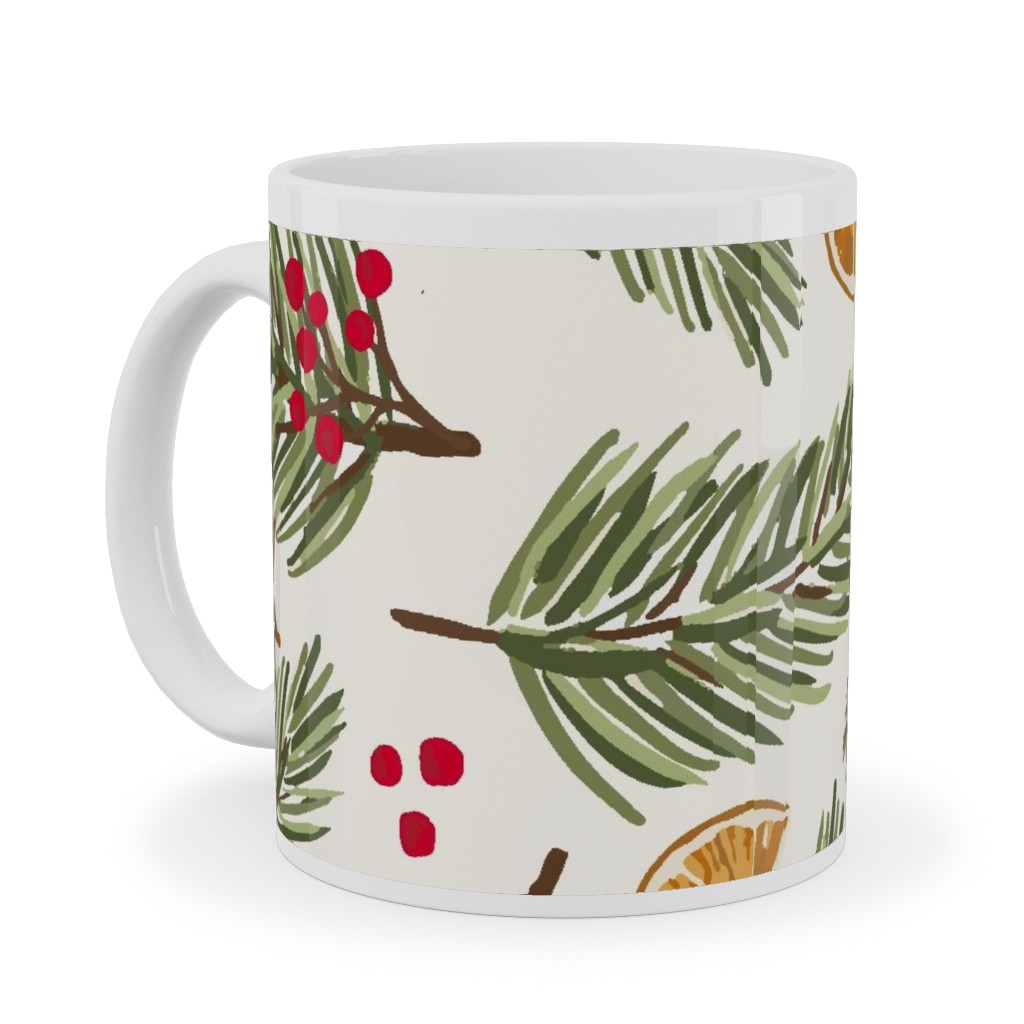 Festive Christmas Pine Sprigs and Orange Slices Ceramic Mug, White,  , 11oz, Multicolor