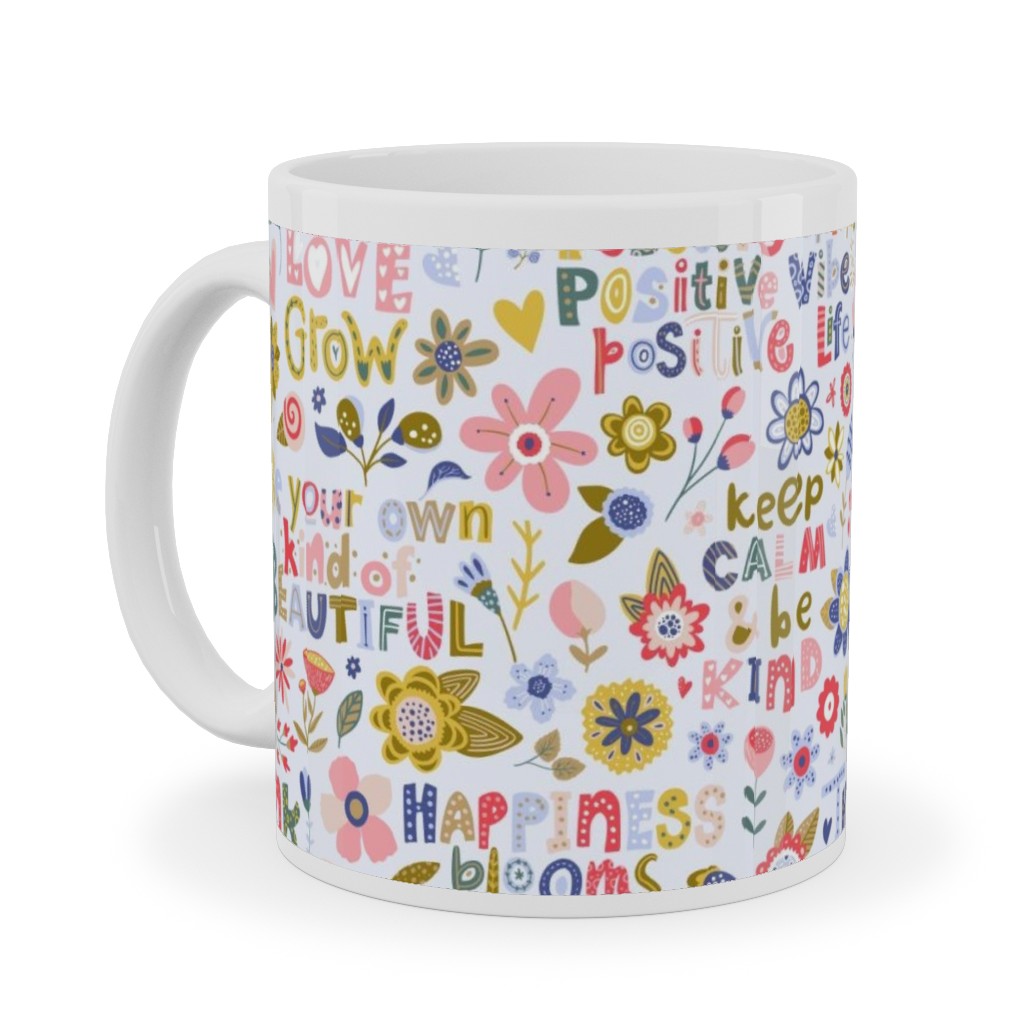 Positive Vibes - Motivational Sayings Floral - Multi Ceramic Mug, White, , 11oz, Multicolor