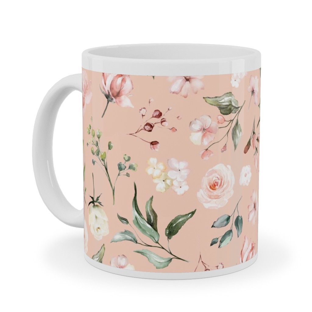 Celestial Rose Floral - Blush Ceramic Mug, White, , 11oz, Pink, Bright Pink