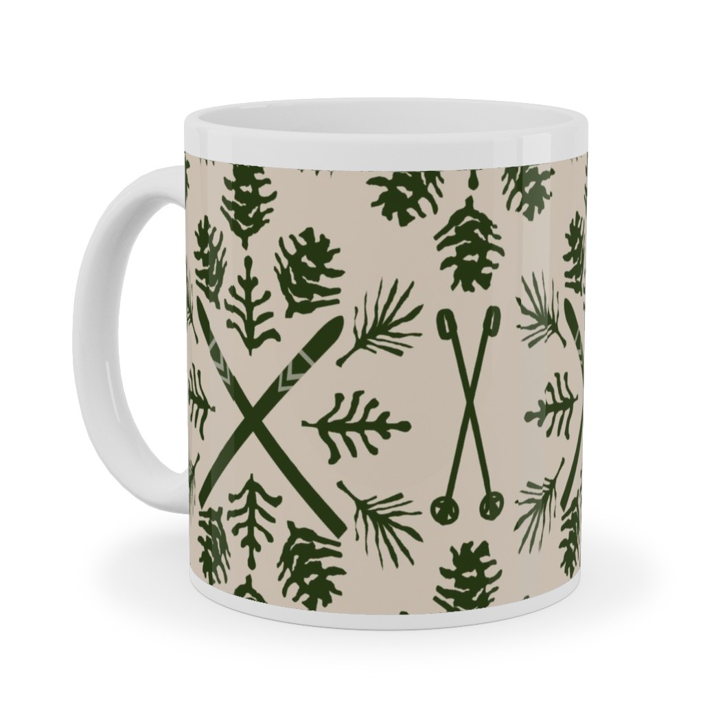 Winter Ski Season - Pine and Tan Ceramic Mug, White,  , 11oz, Green