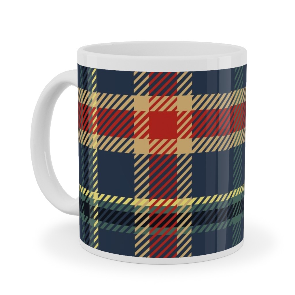 Navy Blue and Pine Plaid Ceramic Mug, White,  , 11oz, Multicolor