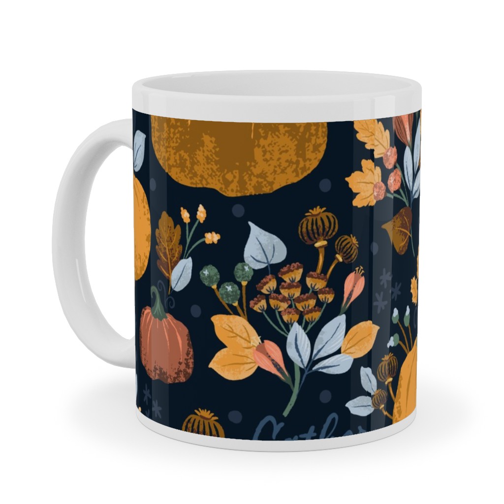 Smaller Scale Elegant Navy Fall Floral - Harvest Gratitude + Cozy Petal Solids Ceramic Mug, White, , 11oz, Orange, Orange