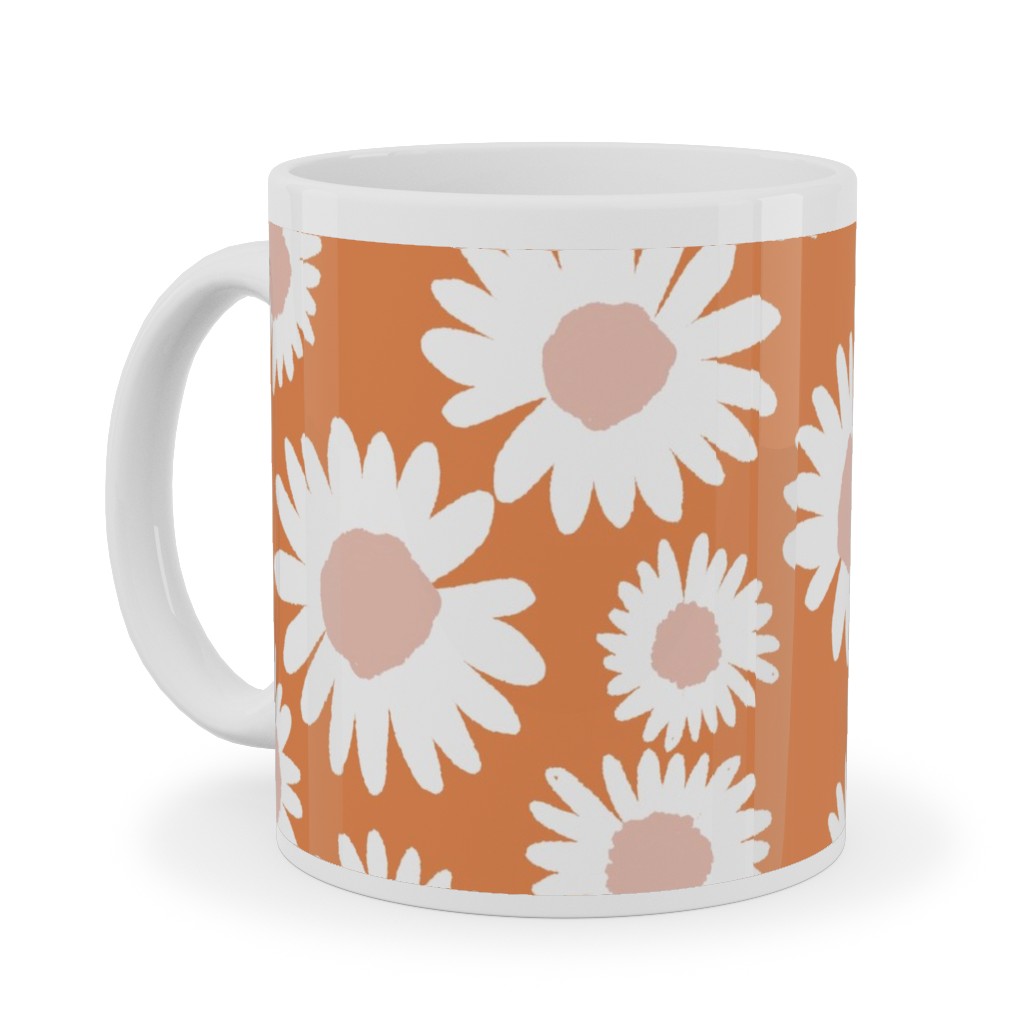 Boho Daisies - Flowers - Muted Orange and Blush Ceramic Mug, White, , 11oz, Orange, Orange