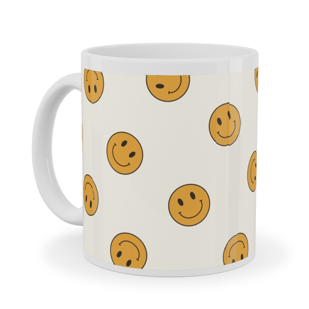 Retro Smiley Face - Cream and Yellow Ceramic Mug, White,  , 11oz, Yellow