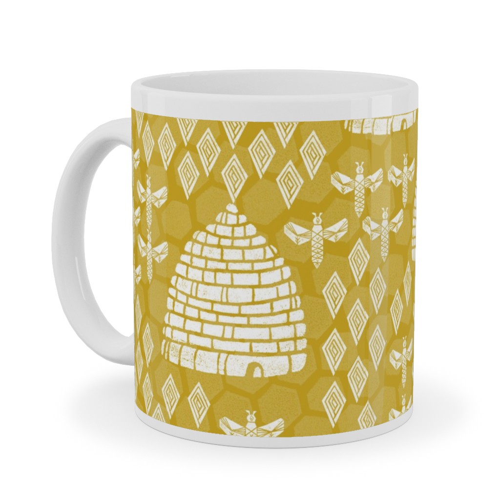 Bee Hives, Spring Florals Linocut Block Printed - Golden Yellow Ceramic Mug, White,  , 11oz, Yellow