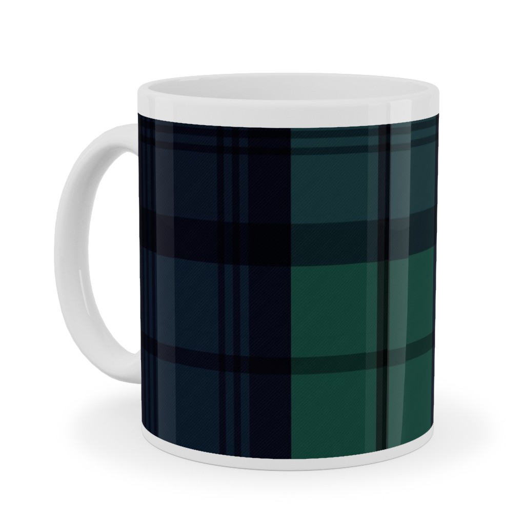 Dark Green Plaid Ceramic Mug, White, , 11oz, Green, Classic Green