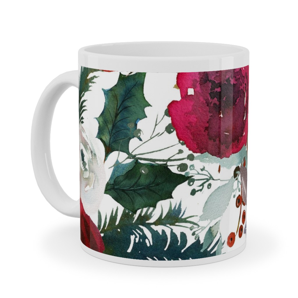 Holiday Florals Red on White Ceramic Mug, White, , 11oz, Multicolor