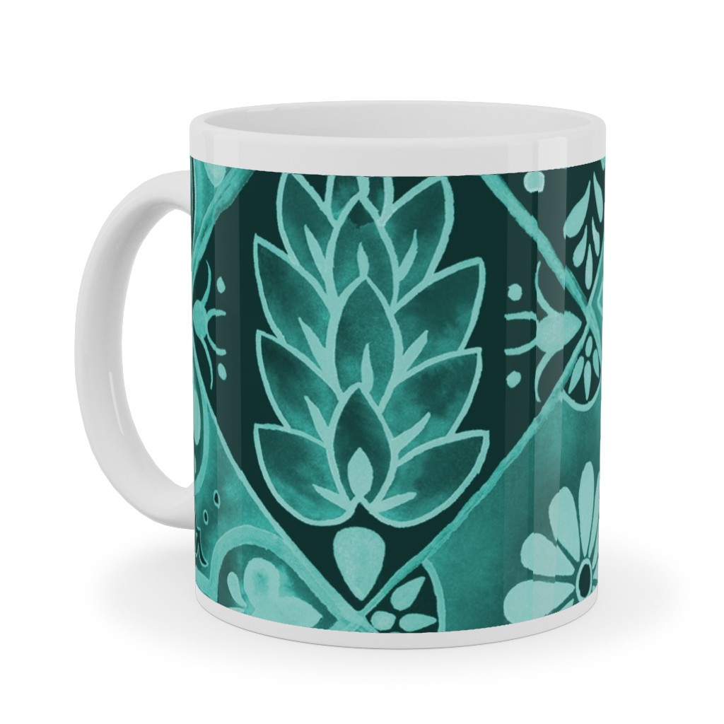 Watercolor Talavera Tiles Ceramic Mug, White, , 11oz, Green, Classic Green