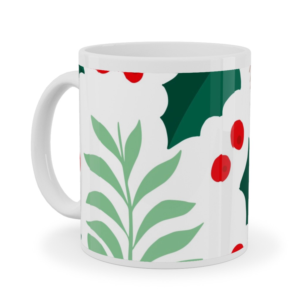 Botanical Christmas Garden Pine Leaves Holly Branch Berries - Green and Red Ceramic Mug, White,  , 11oz, Green