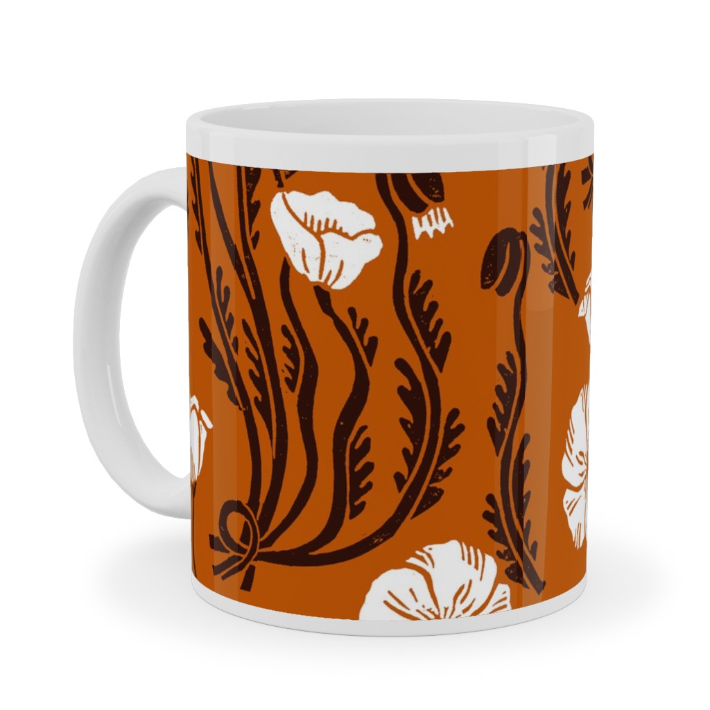 Poppy, Fall Harvest Block Printed Vintage Florals Ceramic Mug, White,  , 11oz, Orange