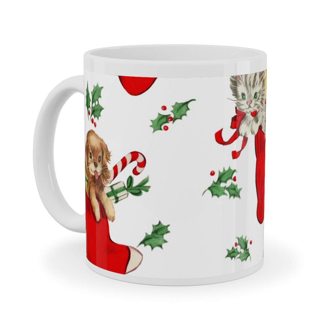 Vintage Christmas Kittens and Puppies Ceramic Mug, White, , 11oz, Multicolor