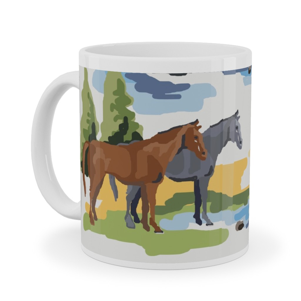 Horses and a Meadow - Multicolor Ceramic Mug, White, , 11oz, Multicolor