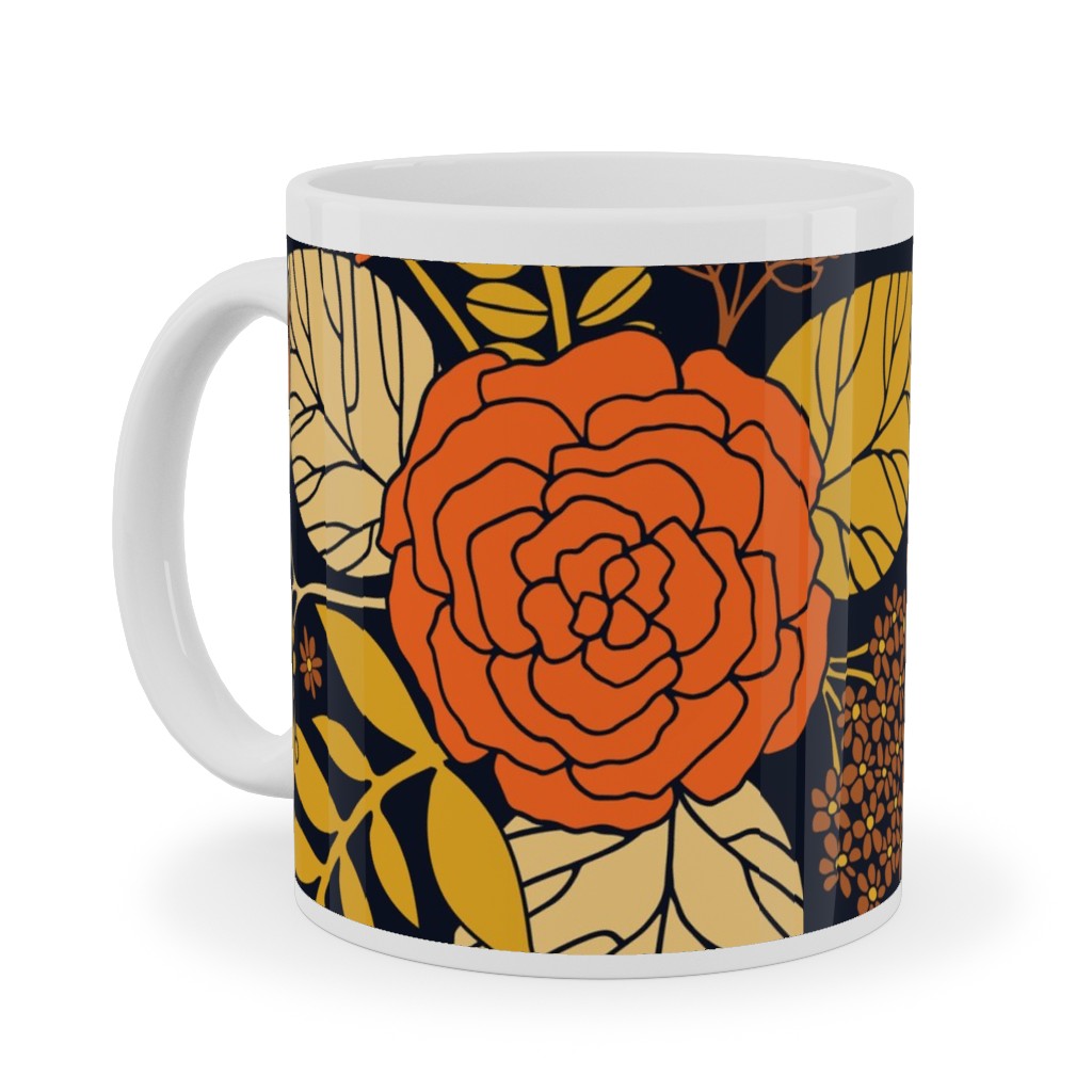 Retro Floral - Orange Brown and Yellow Ceramic Mug, White, , 11oz, Orange, Orange