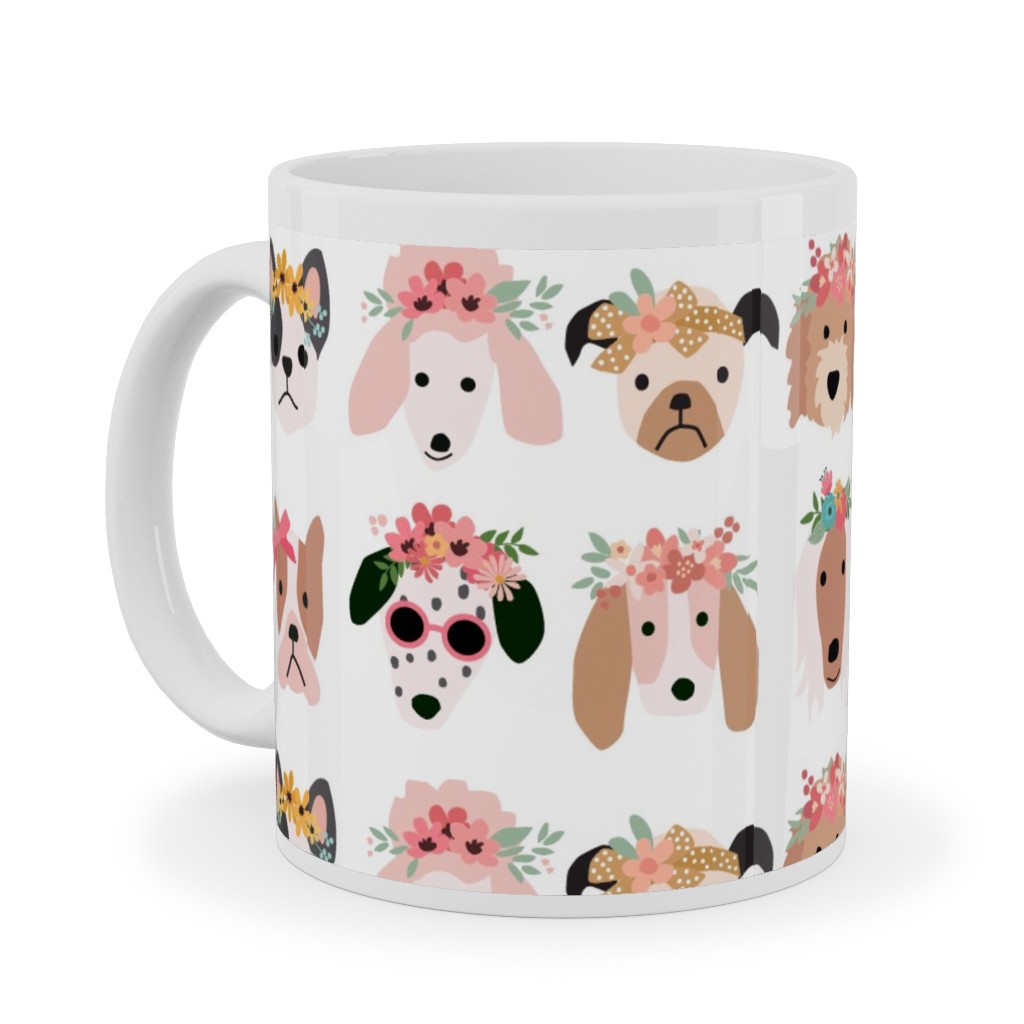 Puppy Dogs With Floral Crowns Ceramic Mug, White,  , 11oz, Multicolor