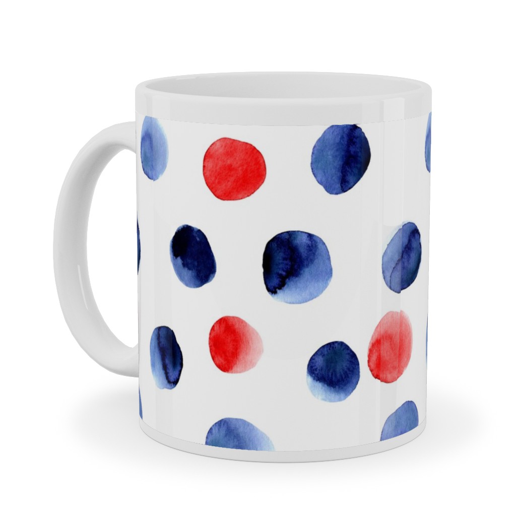 Red and Blue Watercolor Dots Ceramic Mug, White,  , 11oz, Blue