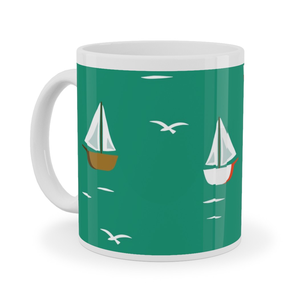 Sailboats Ceramic Mug, White, , 11oz, Green, Celadon