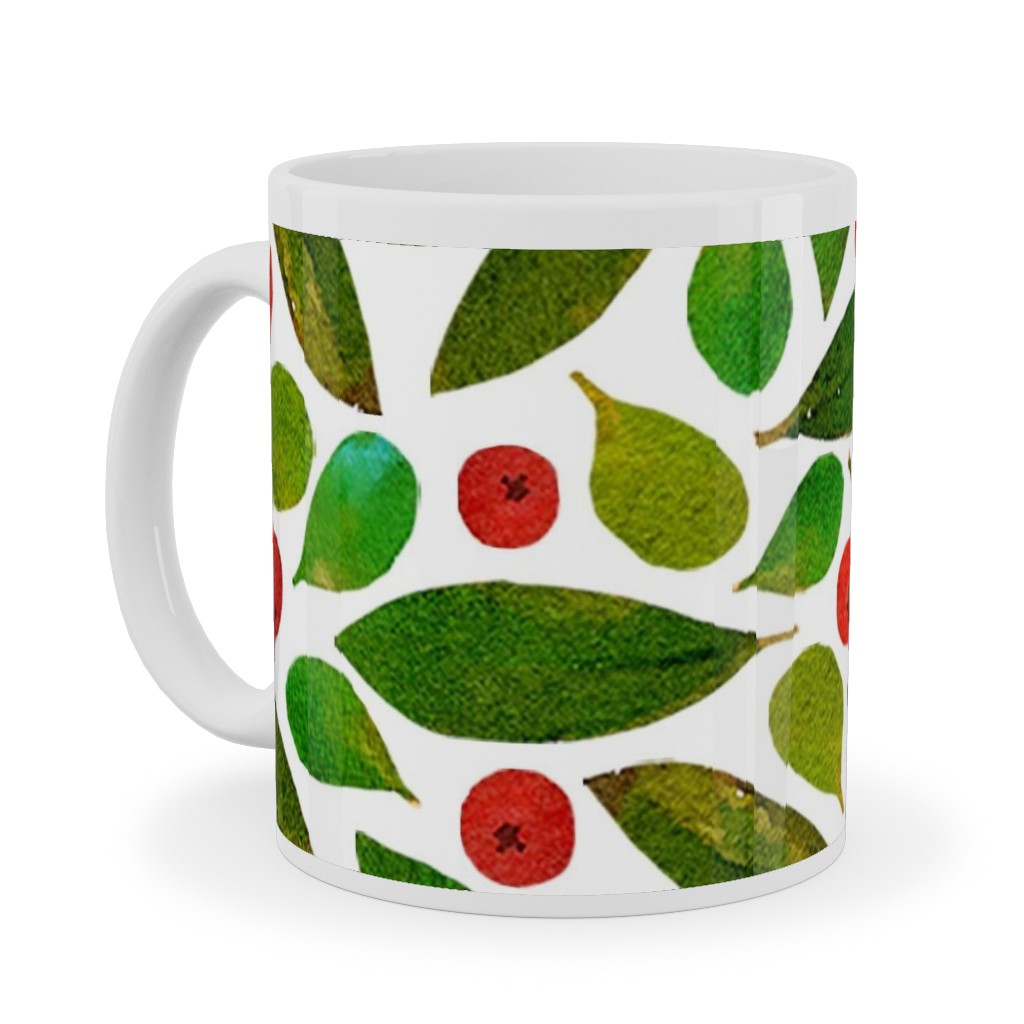 Holiday Greens and Berries Ceramic Mug, White, , 11oz, Green, Classic Green