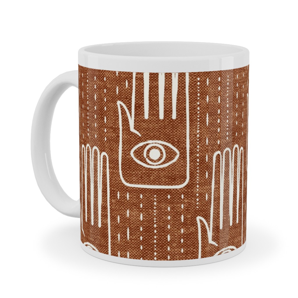 Adorned Palm Hands on Woven Ginger Ceramic Mug, White, , 11oz, Orange, Orange