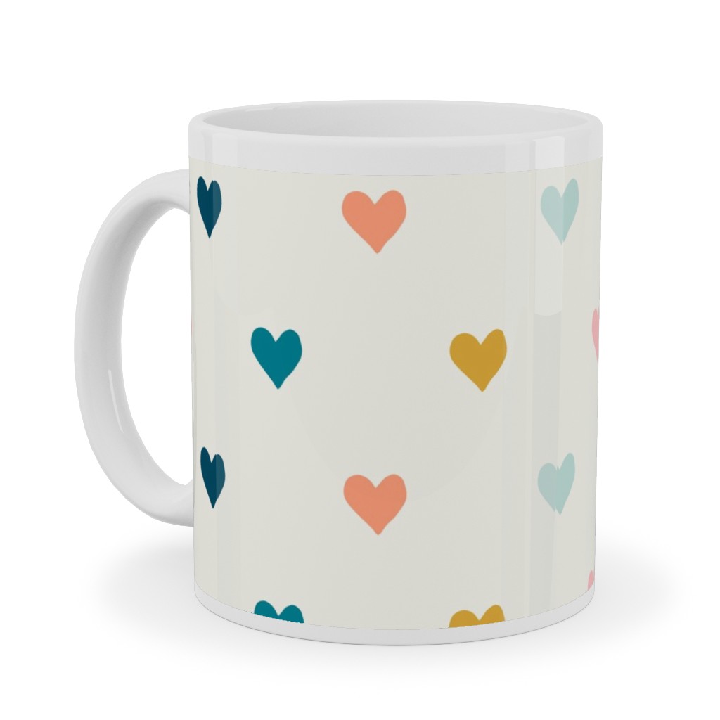 Hearts - Multi Blue, Pink, Gold Ceramic Mug, White, , 11oz, Multicolor