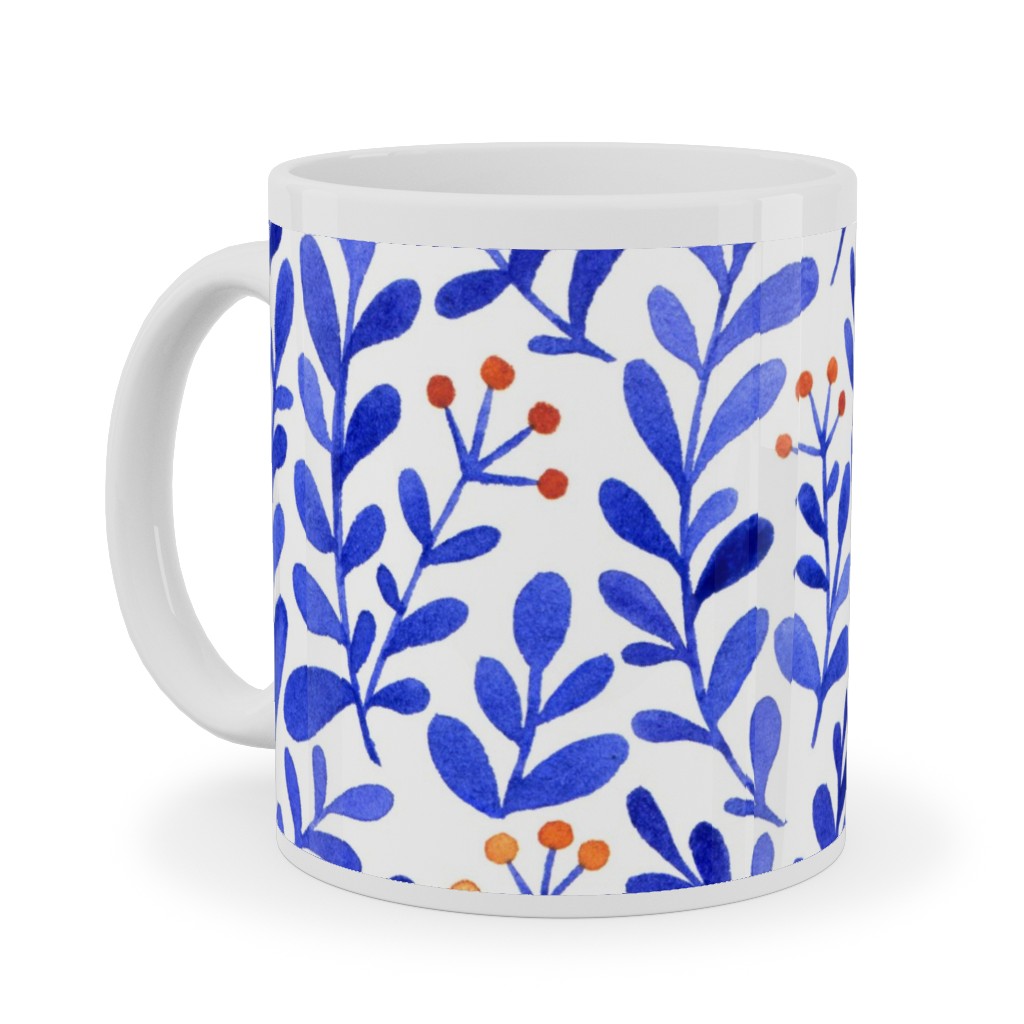 Leaves - Blue Ceramic Mug, White, , 11oz, Blue, True Blue