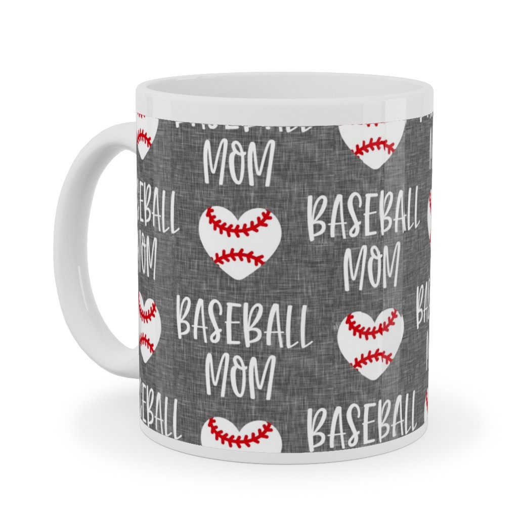 Baseball Mom - Baseball Heart - White on Grey Ceramic Mug, White,  , 11oz, Gray