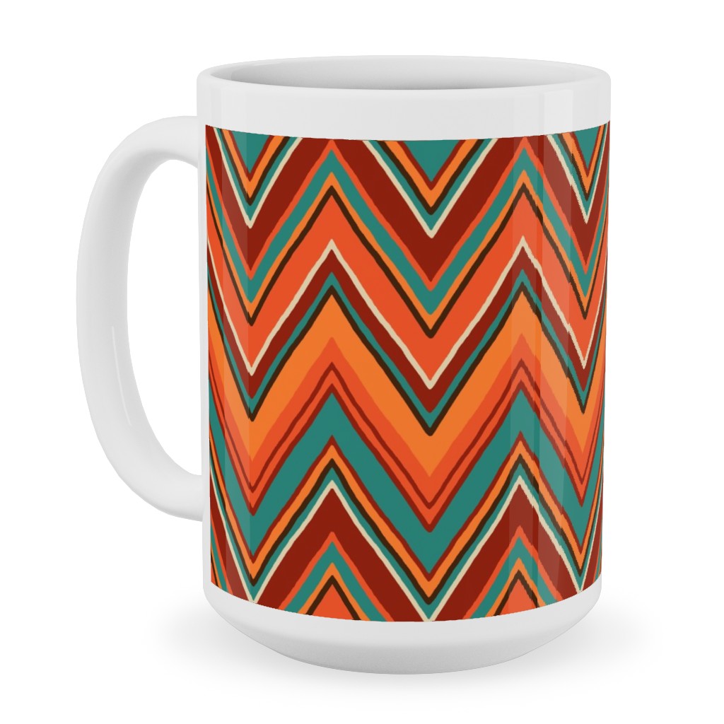 Fall Crazy Chevron - Orange and Teal Ceramic Mug, White,  , 15oz, Orange