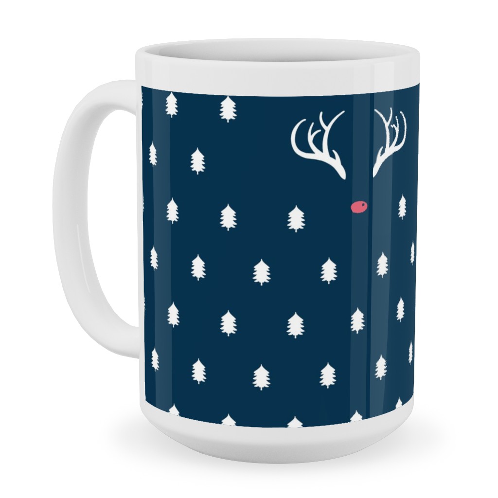 Modern Christmas Deer - Navy Ceramic Mug, White, , 15oz, Blue, True Blue