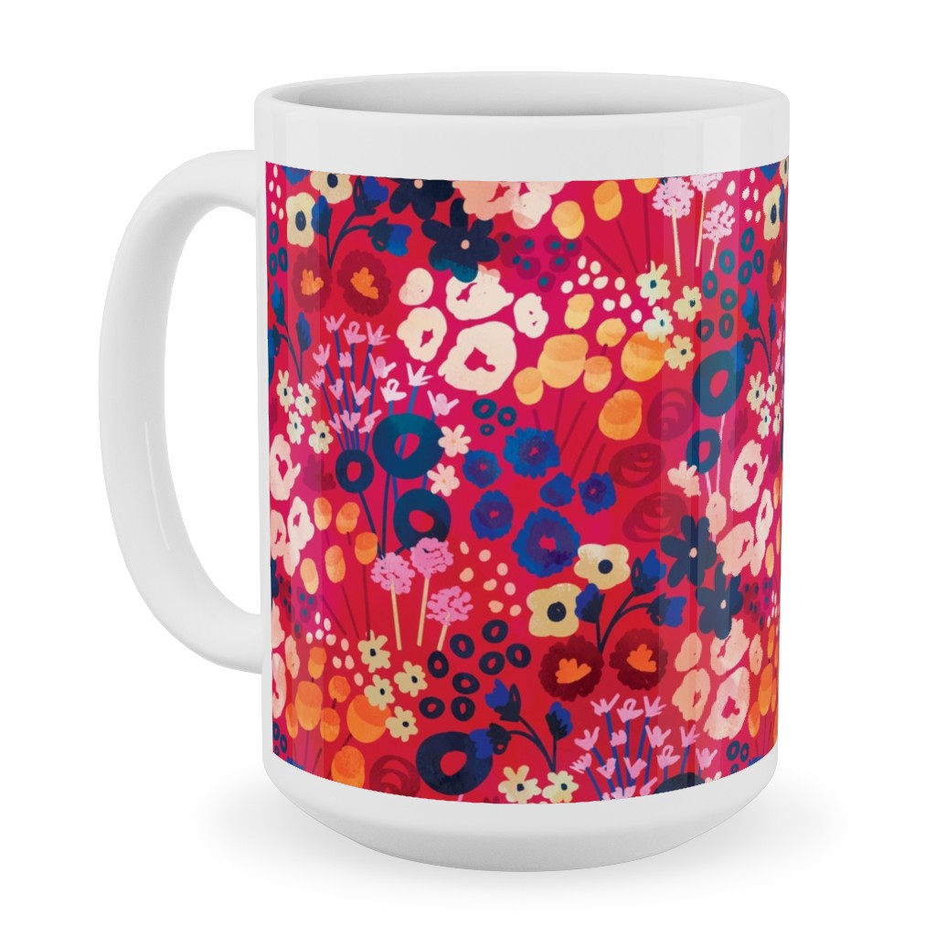 Modern Retro Floral - Multi Ceramic Mug, White, , 15oz, Multicolor