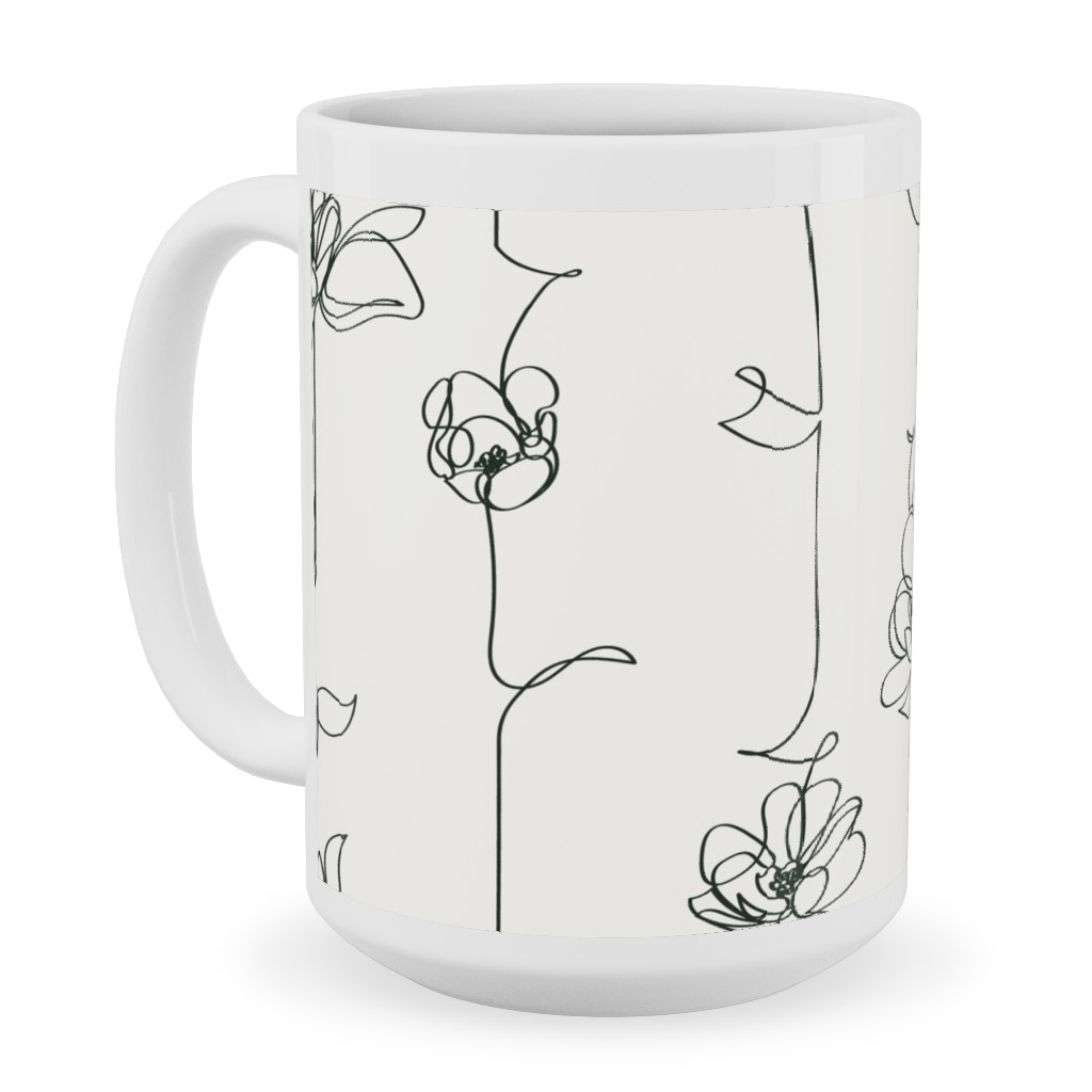 One Line Floral - Light Ceramic Mug, White, , 15oz, White, White