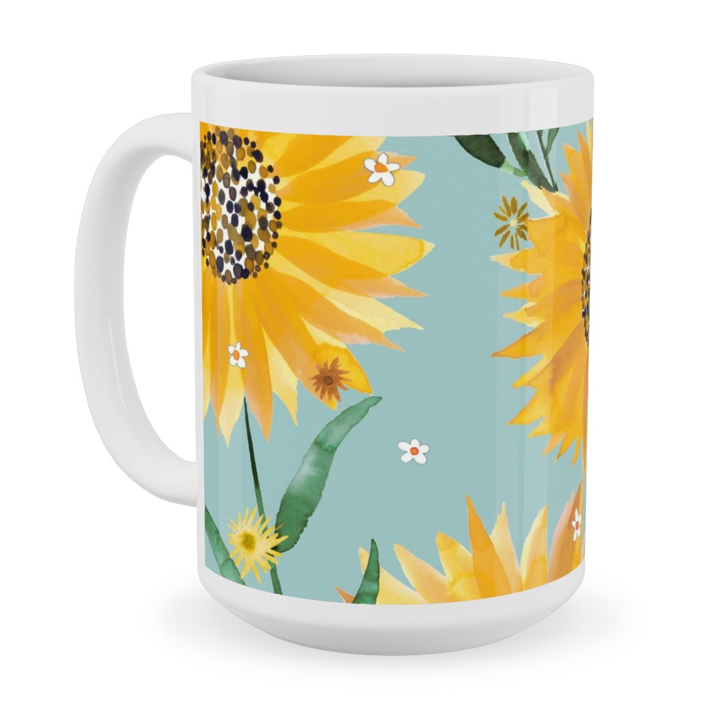 Watercolor Sunflowers - Yellow on Blue Ceramic Mug, White,  , 15oz, Yellow