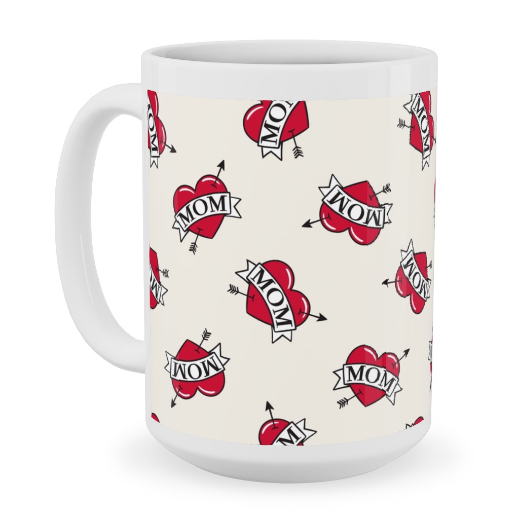 Mom Heart Tattoo - Red on Cream Ceramic Mug, White, , 15oz, Red, Red