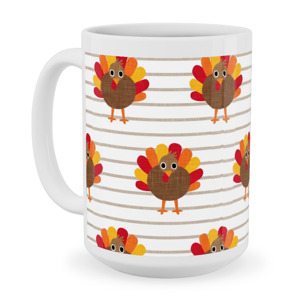 Cute Thanksgiving Turkey - on Khaki Stripes Ceramic Mug, White, , 15oz, Orange, Orange