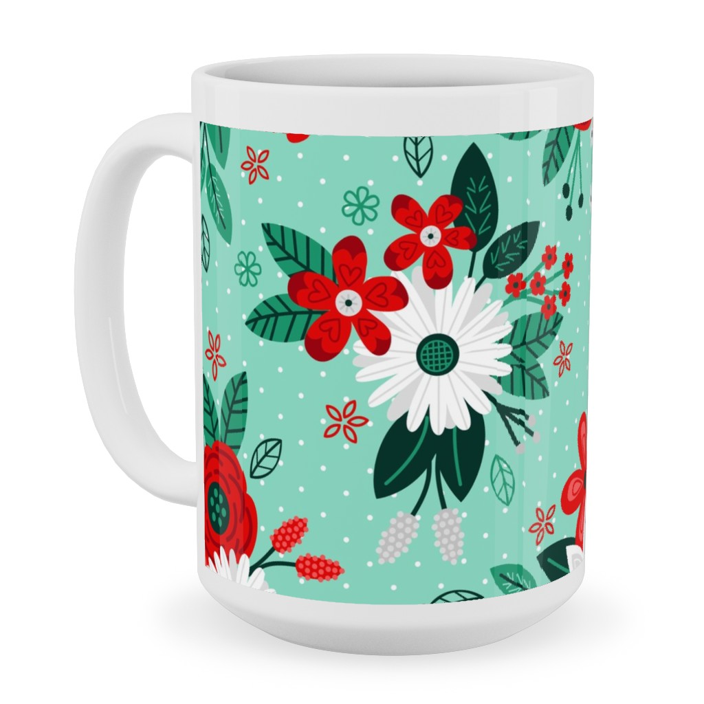 Holiday Floral Bouquet Ceramic Mug, White, , 15oz, Green, Classic Green