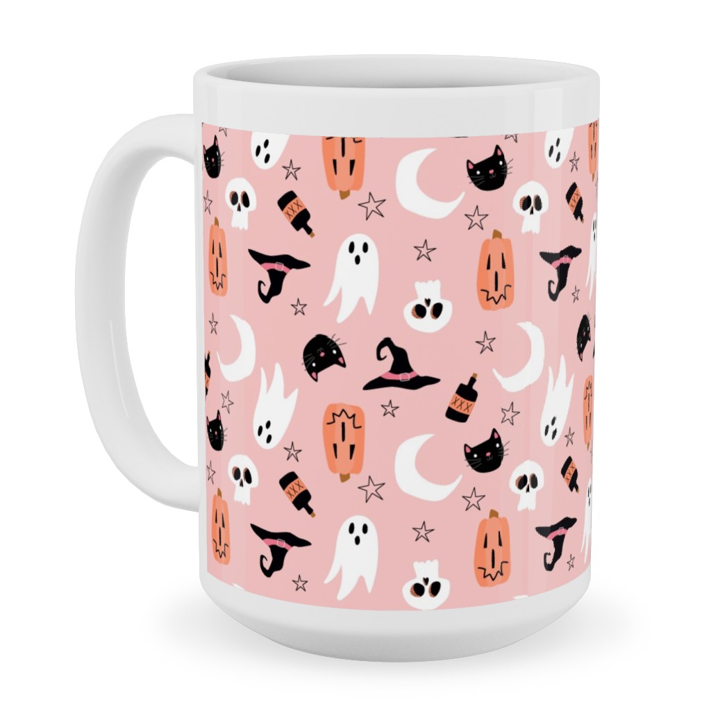 Sweet Halloween - Pumpkin, Witch, Ghost, & Cat - Pink Ceramic Mug, White,  , 15oz, Pink