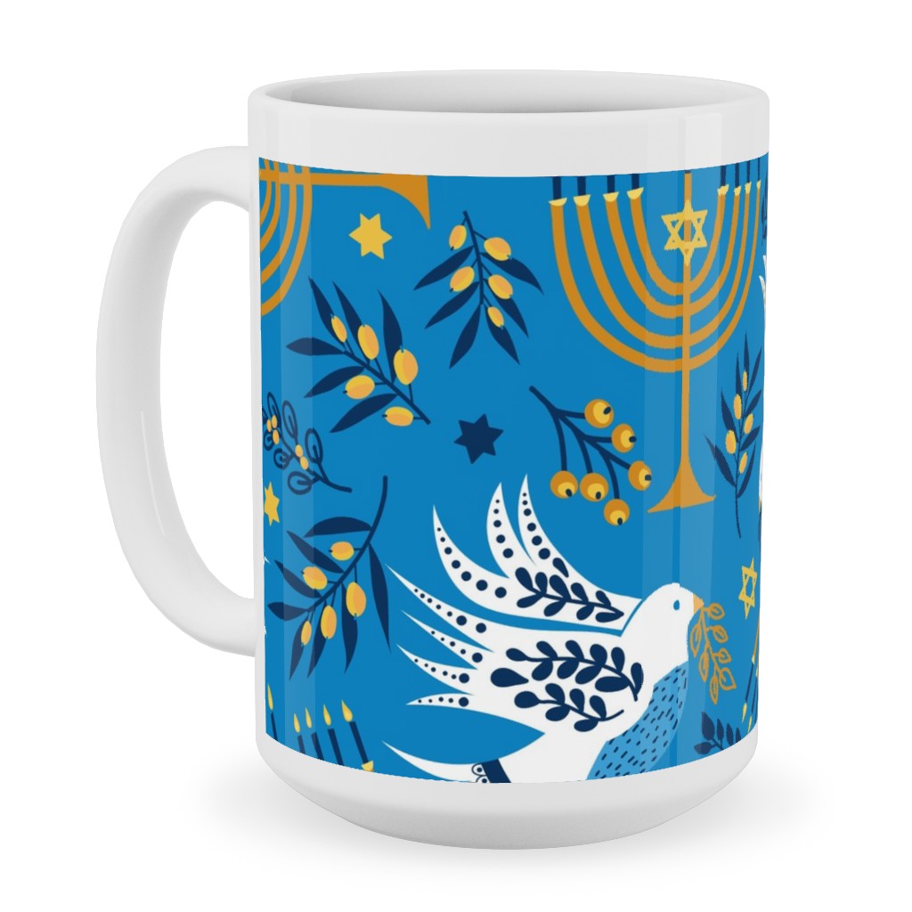 Hanukkah Birds Menorahs - Light Blue Ceramic Mug, White,  , 15oz, Blue