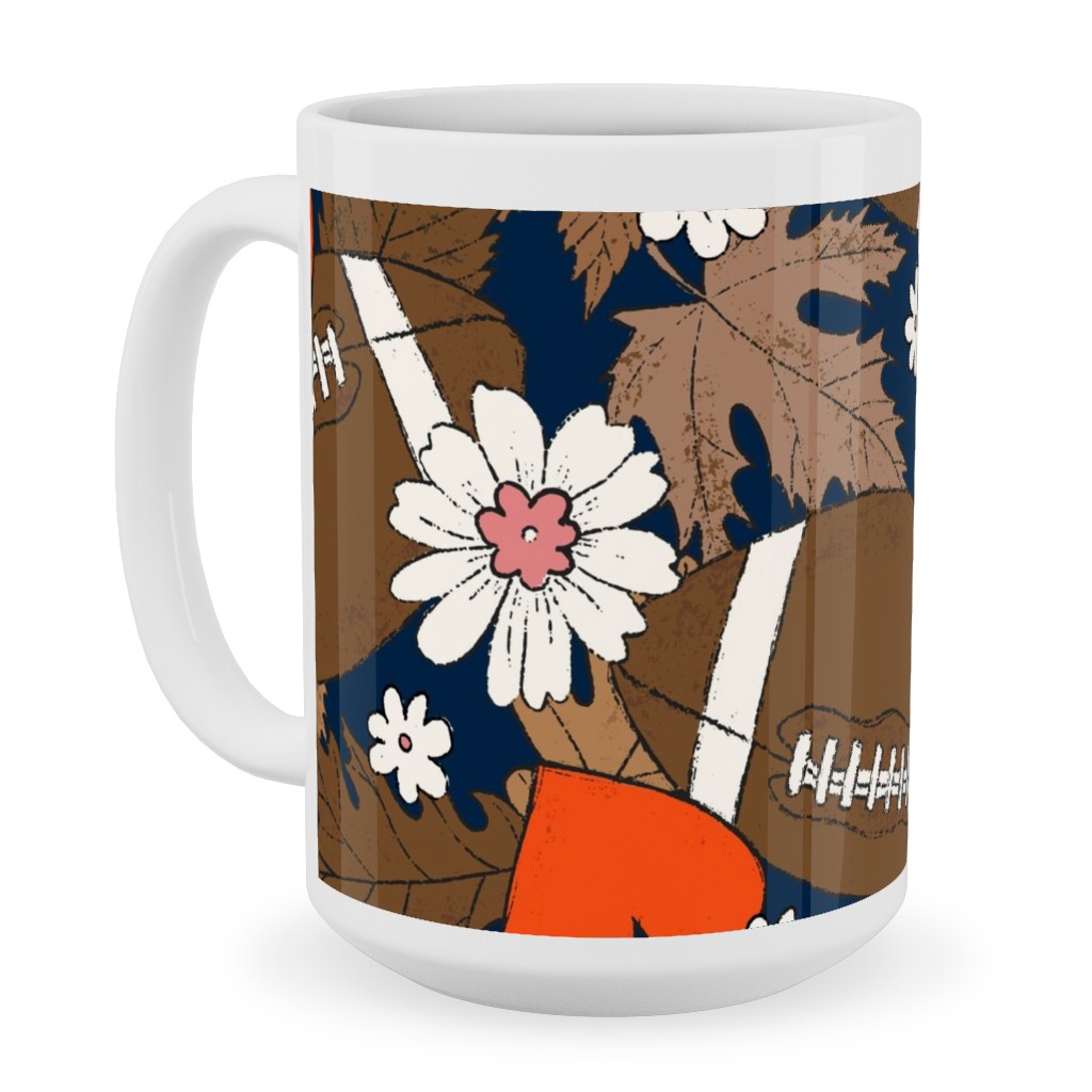 Football Fall and Florals Ceramic Mug, White,  , 15oz, Black