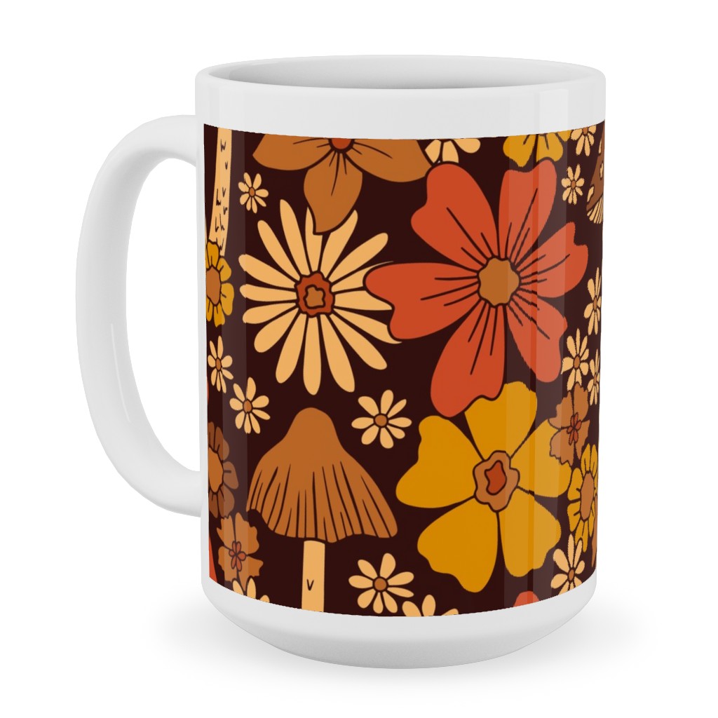 Retro 1970s Mushroom & Flowers - Brown and Orange Ceramic Mug, White,  , 15oz, Orange
