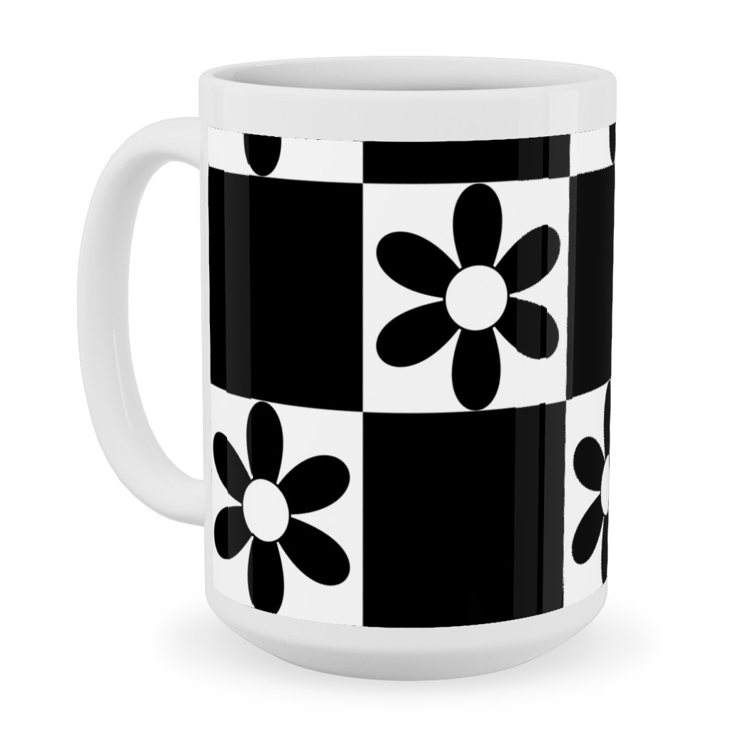 Daisy Checkerboard Ceramic Mug, White,  , 15oz, Black