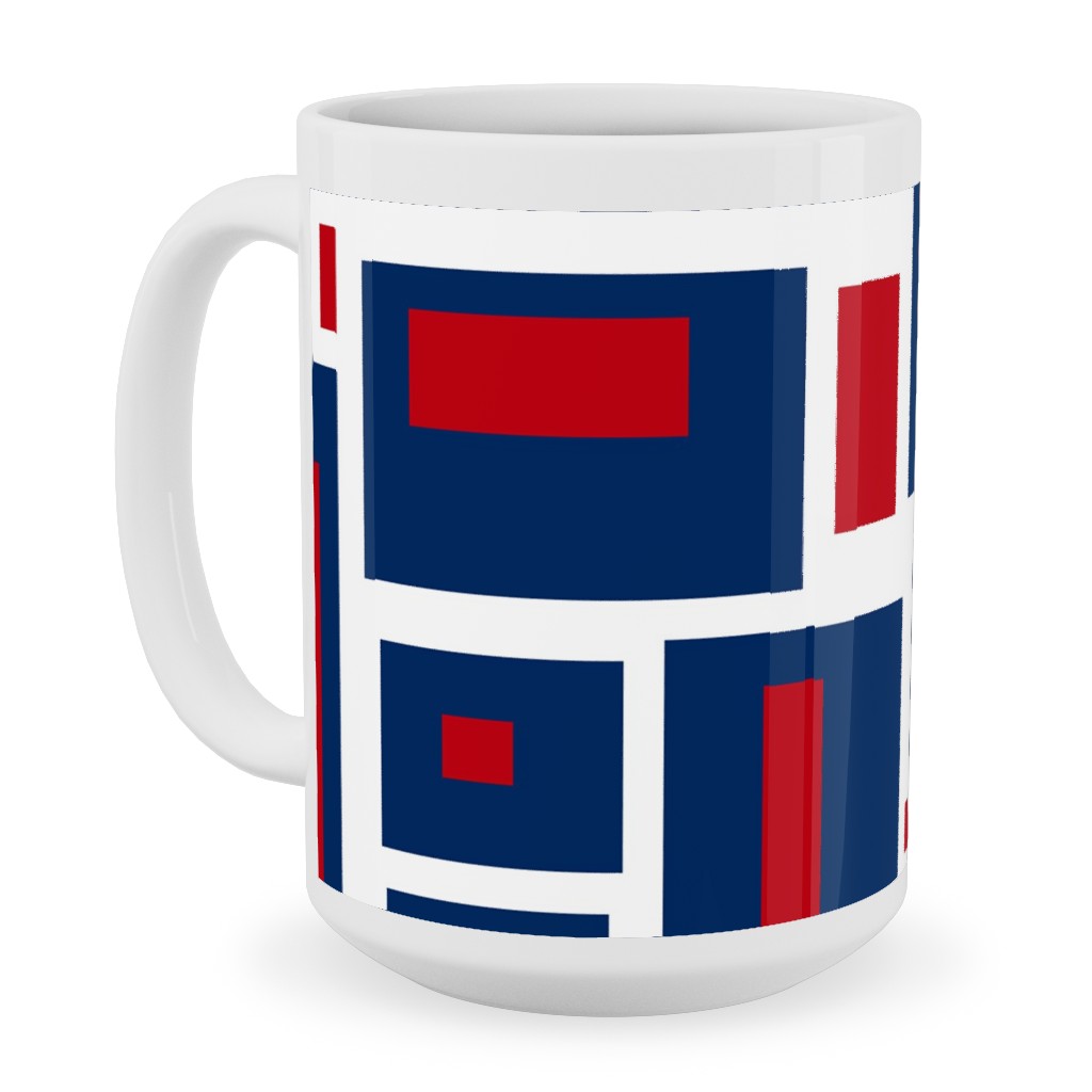 Geometric Rectangles in Red, White and Blue Ceramic Mug, White,  , 15oz, Blue